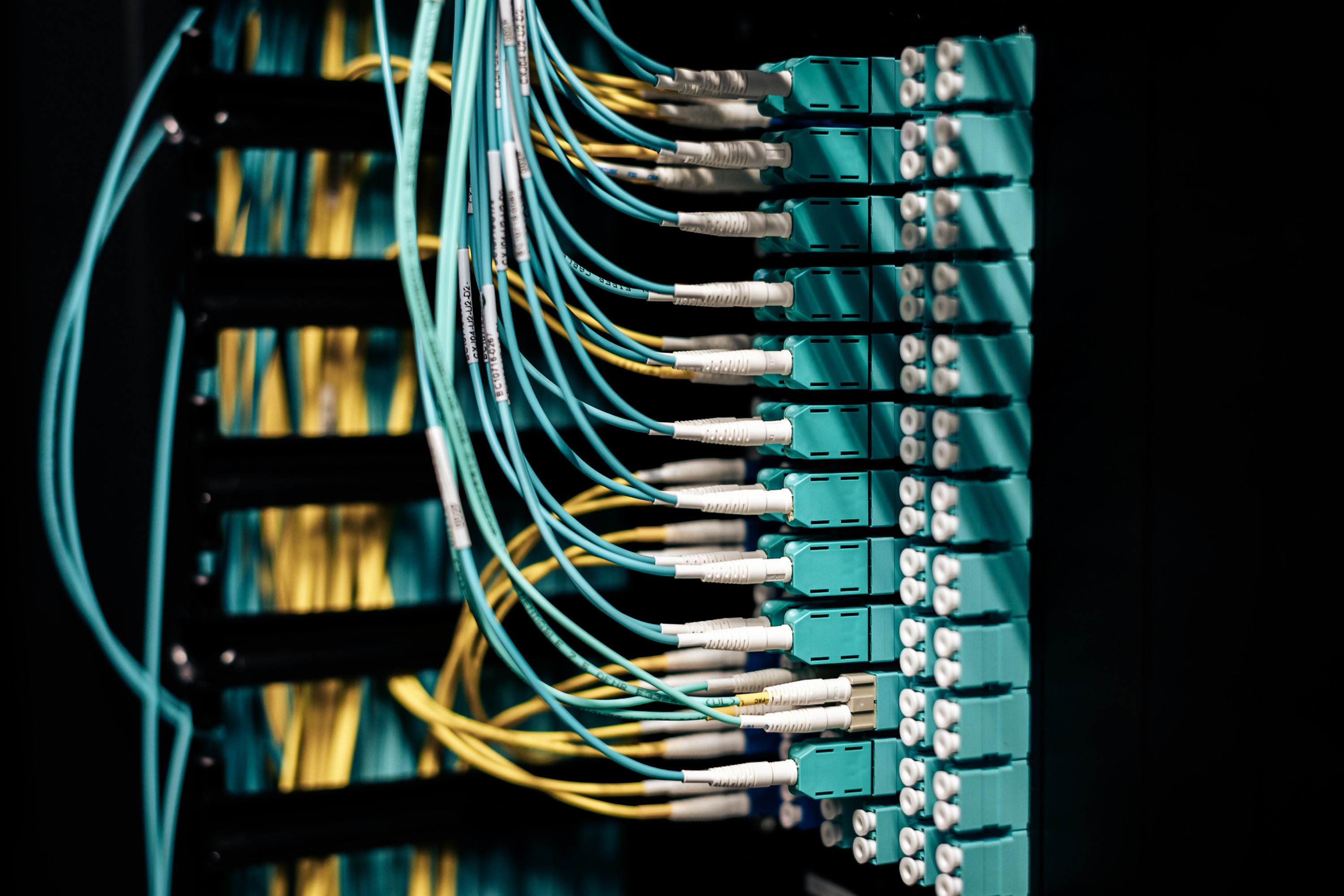 Close-up of a data centre structured cabling set up. 